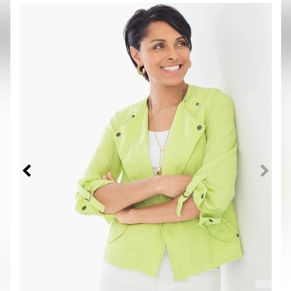 Chico's Lime Green Drape-Front Easy Linen Jacket Size 0 Lightweight Summer - Picture 1 of 10